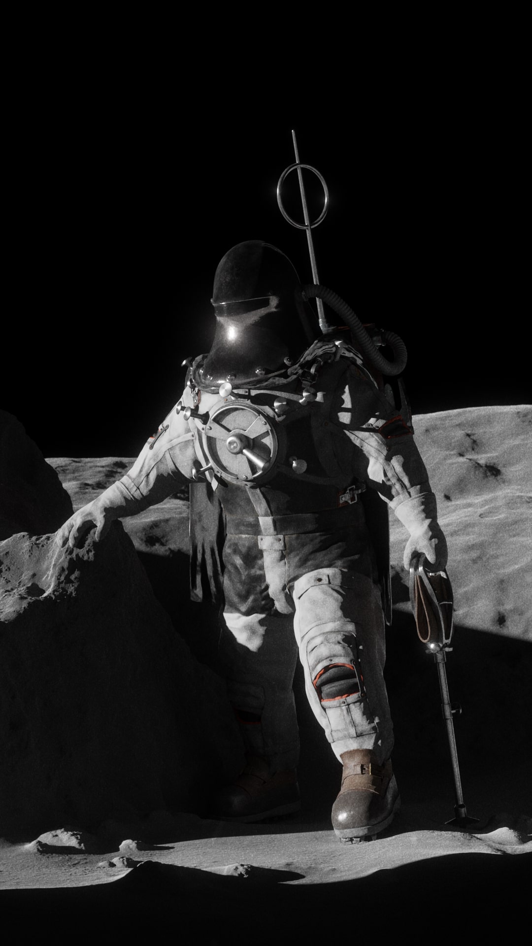 CGI astronaut walking out of a lunar crater.
