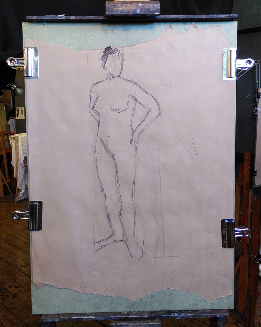 Charcoal drawing on brown packing paper of a figure outline.