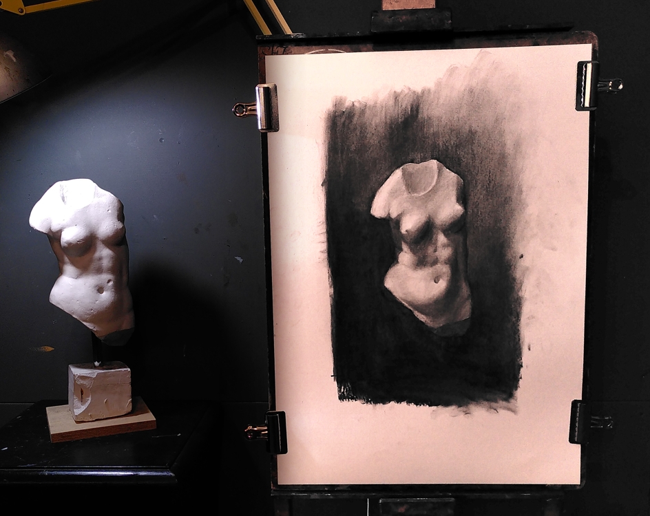 Charcoal drawing on white paper of a lit plaster cast torso bust, beside the real thing.