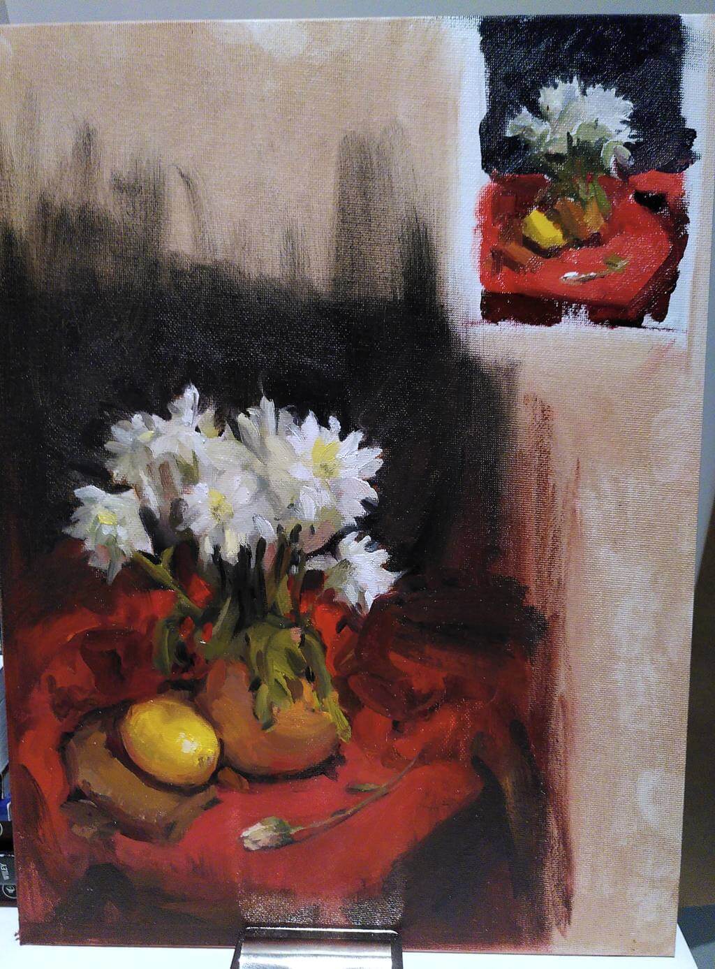 Loose oil painting of white flowers in a clay vase beside a lemon, against a vivid red cloth background.