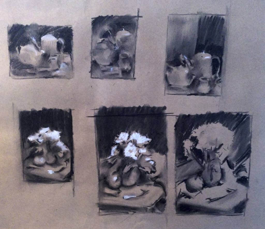 Messy charcoal and chalk sketches on brown packing paper of a various still life scenes.