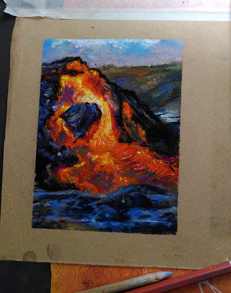 Coloured pastel drawing of an erupting volcano. Lava pours from a black mound. In the distance; a wooded hillside obscured by cloud.