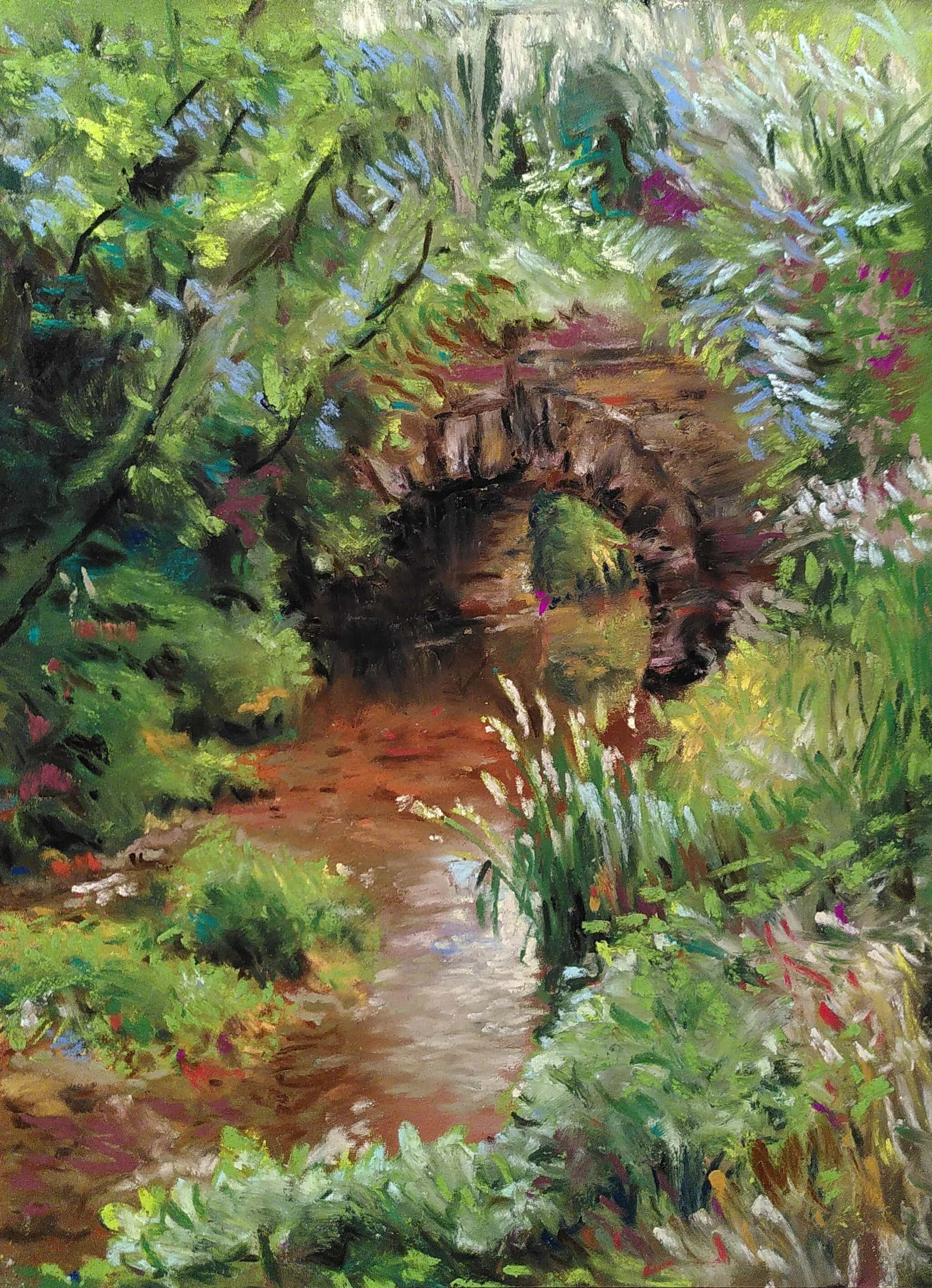 Coloured pastel drawing of stream flowing under an overgrown bridge. Evenly placed strokes of strong colour define plants, emulating the style of 19th century impressionists.