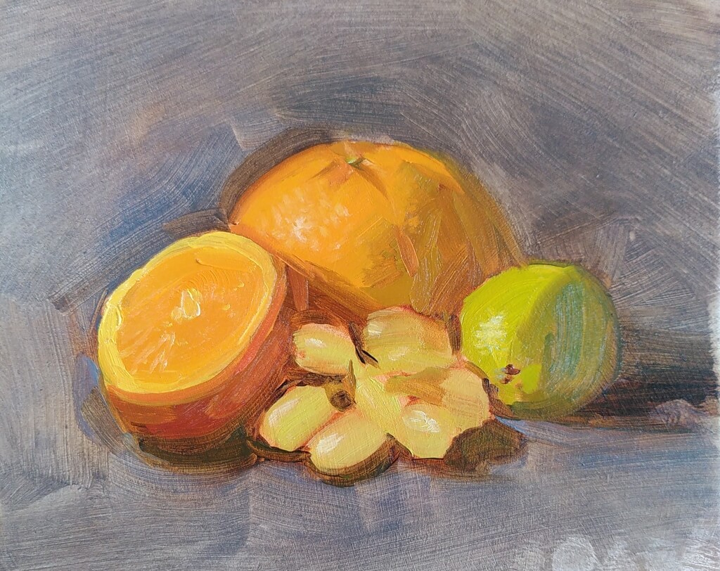 Colour painting of an orange, lime, and some white grapes, against a blue background.