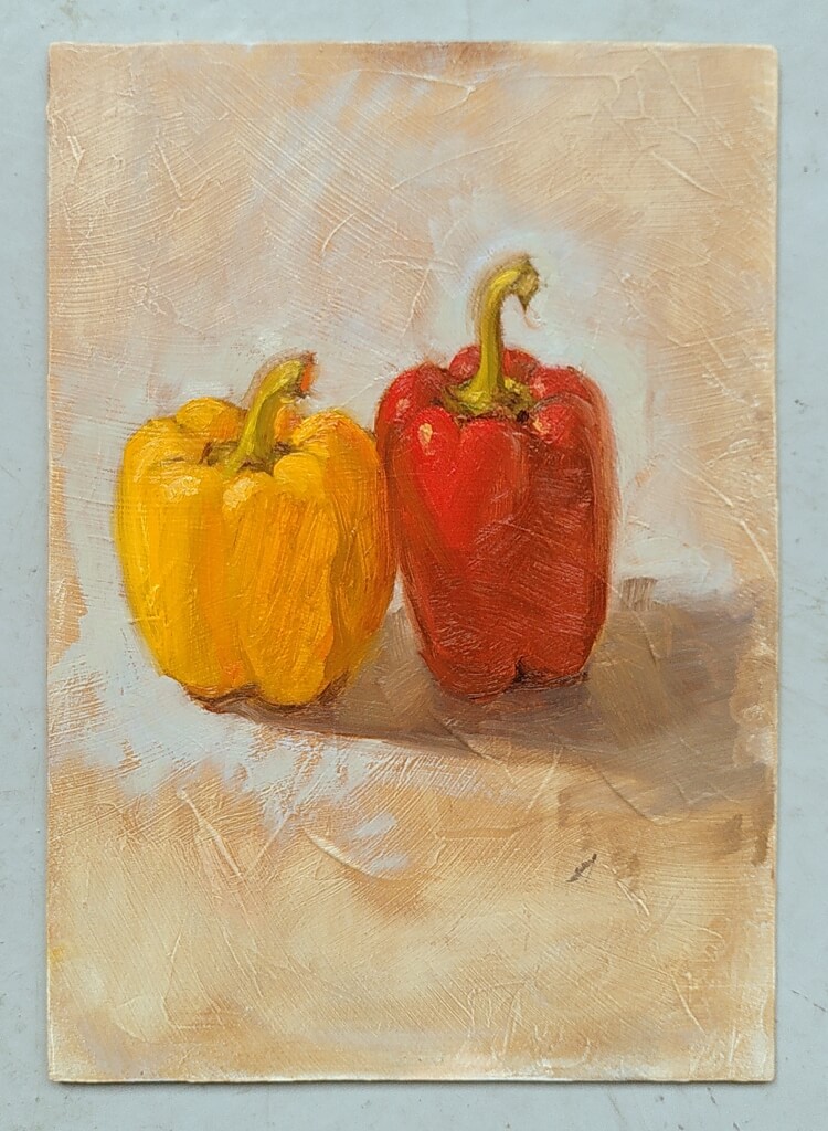 Colour painting of yellow and a red bell pepper, against a pale blue-white background.