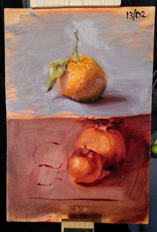 Colour painting of an orange, above a monochrome painting of an apple and a pomegranate.