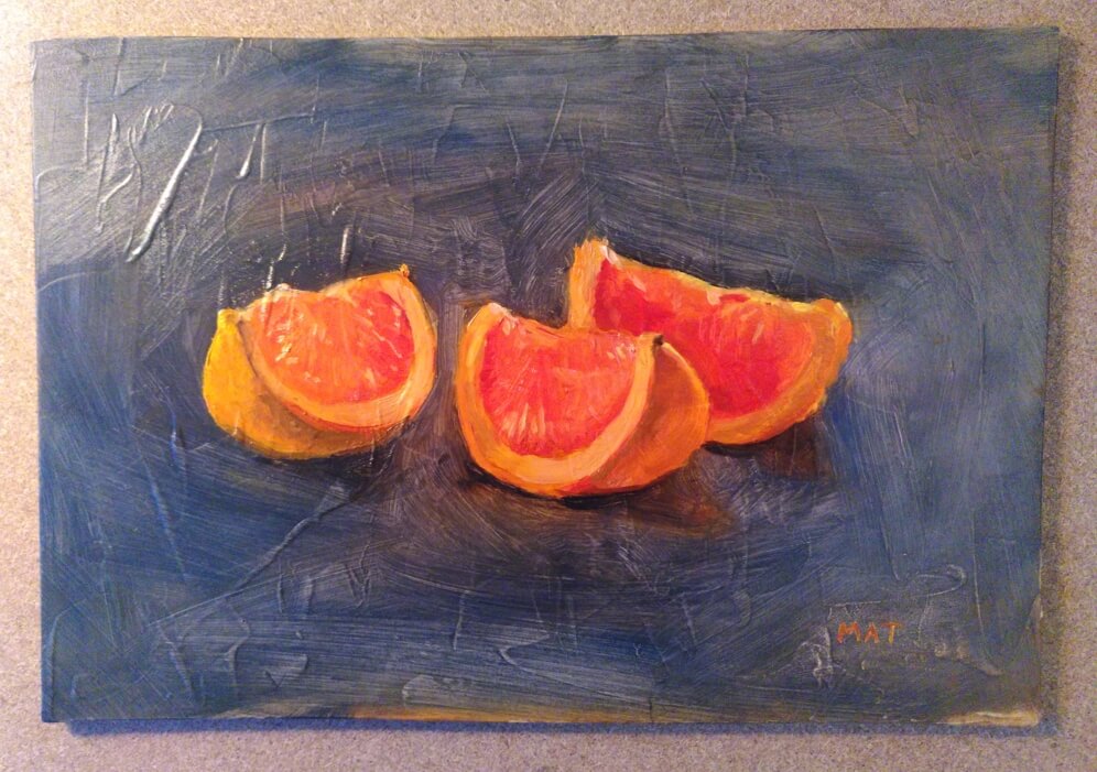 Colour painting of red grapefruit slices, against a textured blue background.
