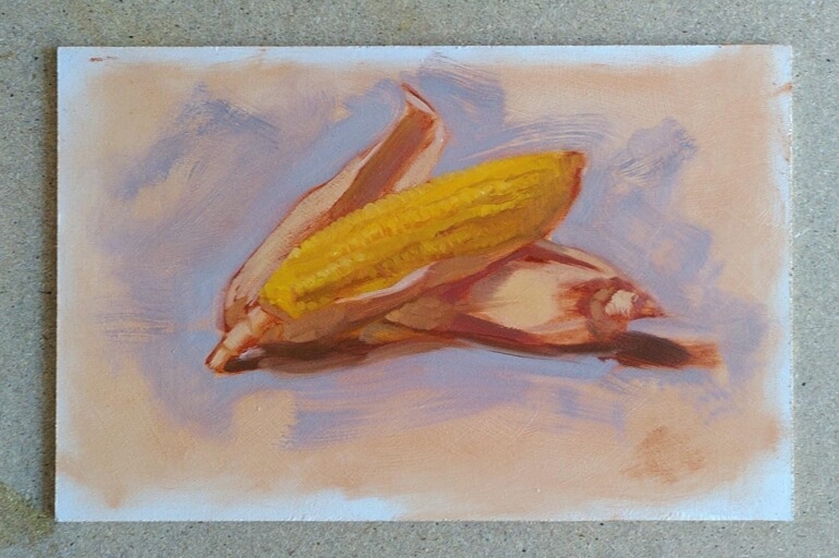 Colour painting of two ears of Maize against a rough pale blue background.