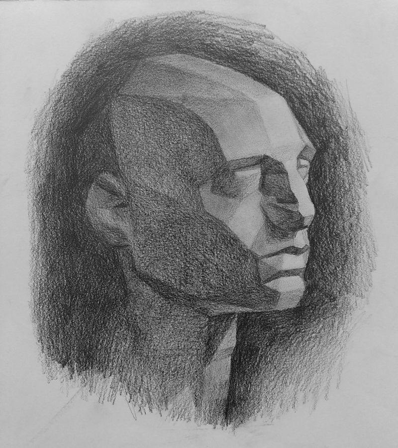 Graphite drawing on coarse paper of a head, simplified into flat planes.