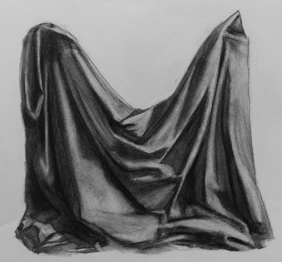 Charcoal drawing on coarse paper of cloth hanging by two corners.