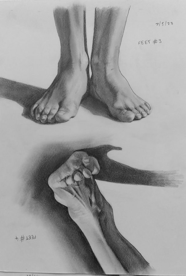 Graphite drawing on coarse paper of human feet in different positions.
