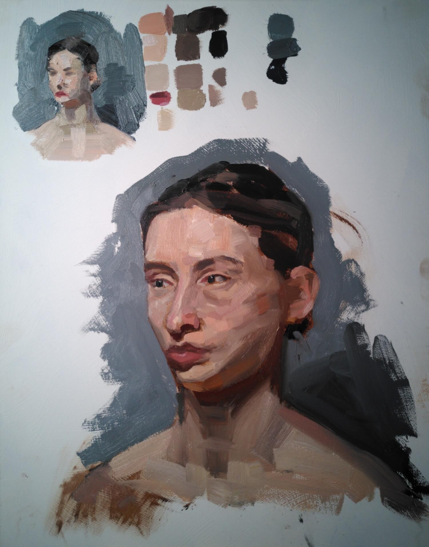 An oil-painted portrait of a pale white woman with tied-back brown hair.