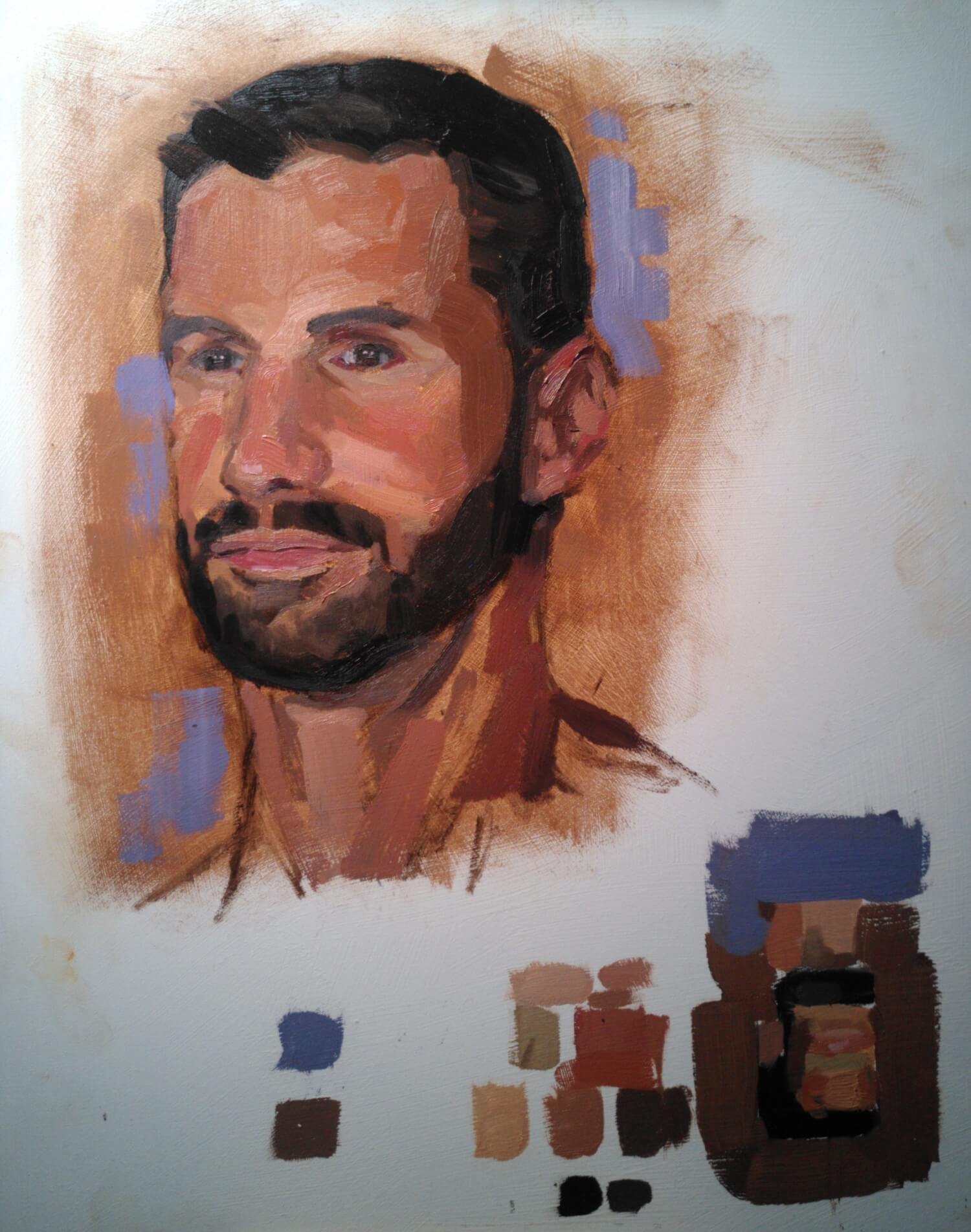 An oil-painted portrait of a white sun-tanned man with cropped black hair and facial hair.