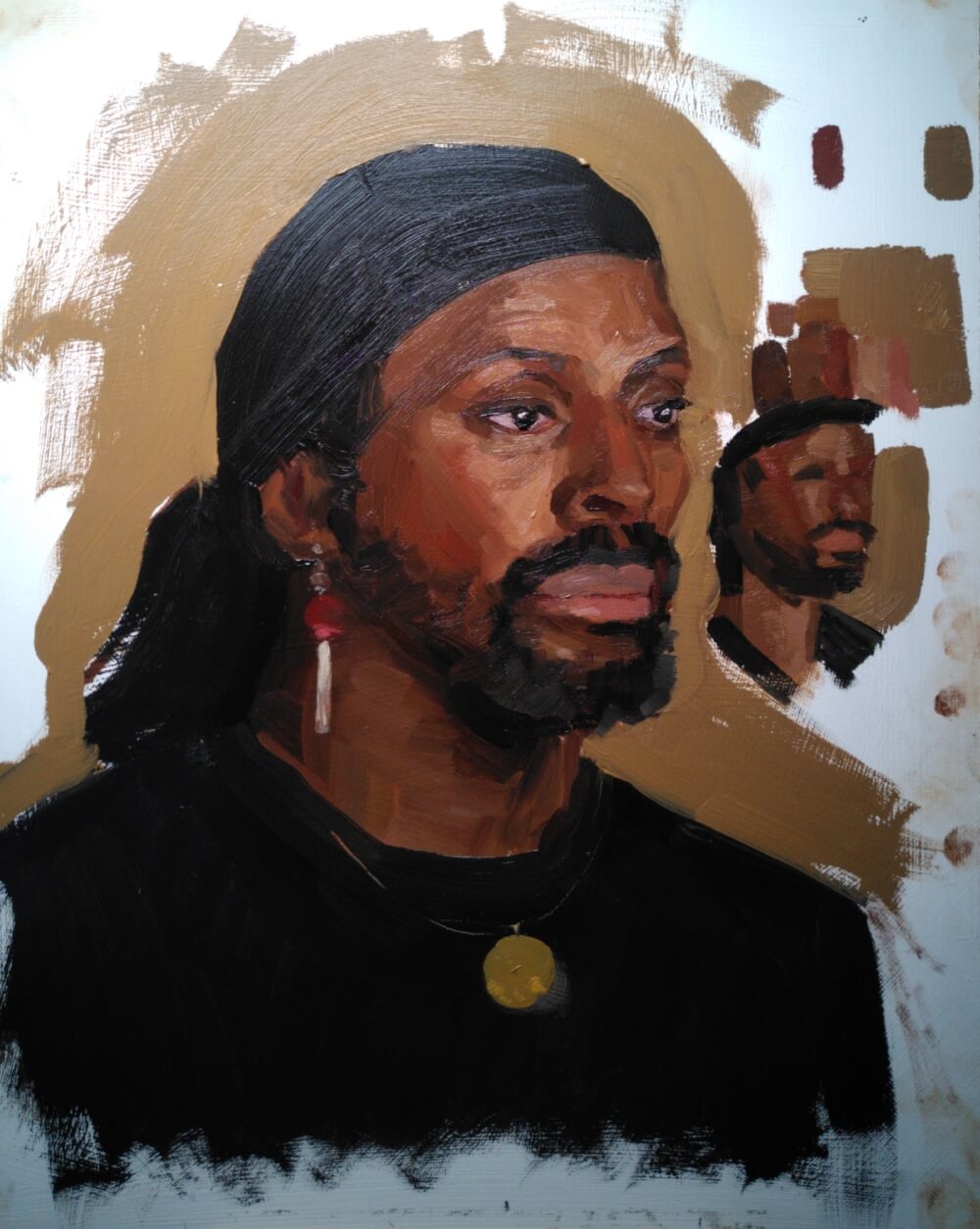 An oil-painted portrait of a man with dark skin, facial hair, chupa chup earrings, and a black durag.