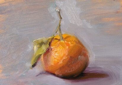 Colour oil painting of an orange with a green leaf, against a cool grey background.