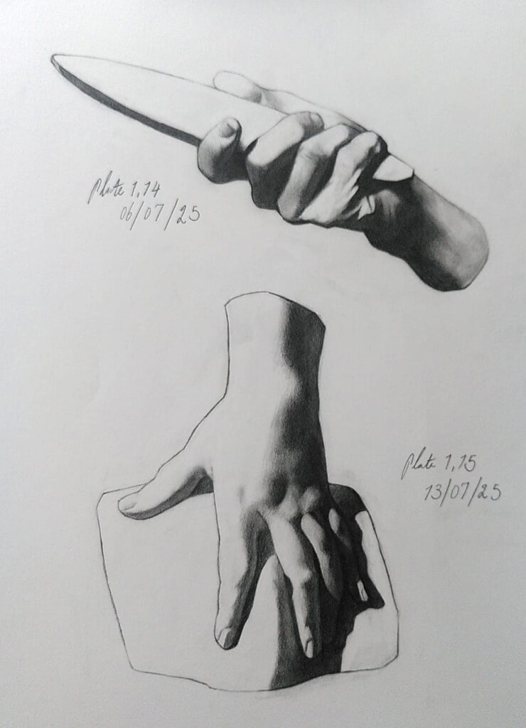 Graphite chirascuro drawings of a hand clasping a dagger shaped stone, and another hand resting upon a rock.